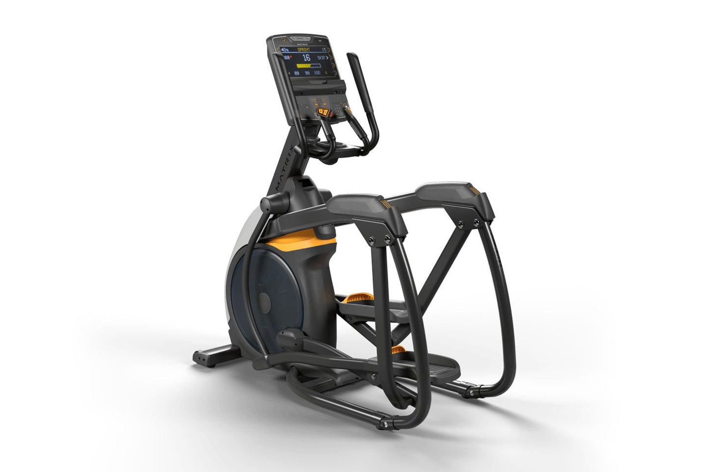 Black and gold elliptical machine with digital console displaying workout metrics on white background