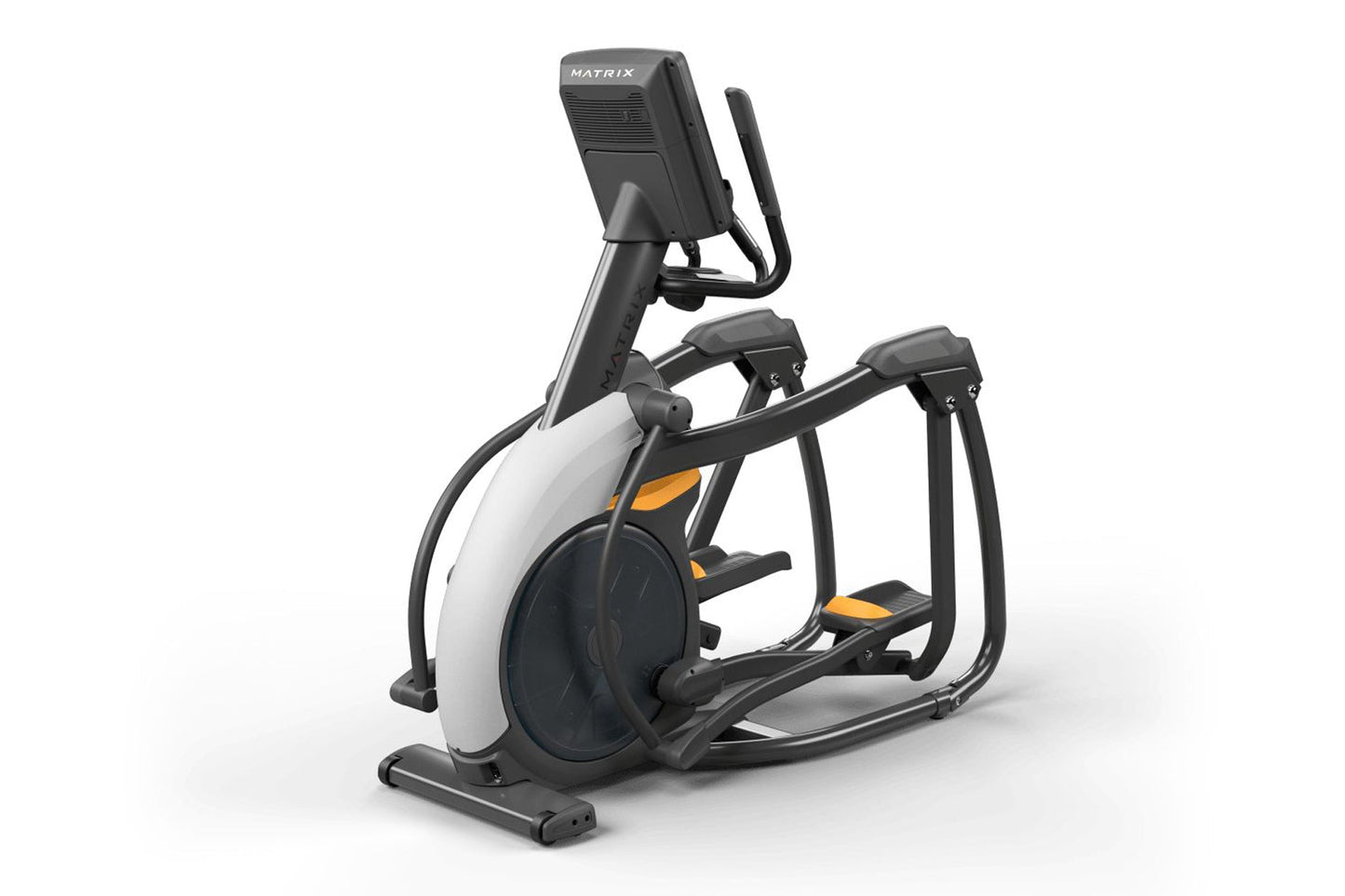 Matrix Performance Lower Body Ascent Elliptical Trainer with black frame, white shroud, orange accents, and digital display o