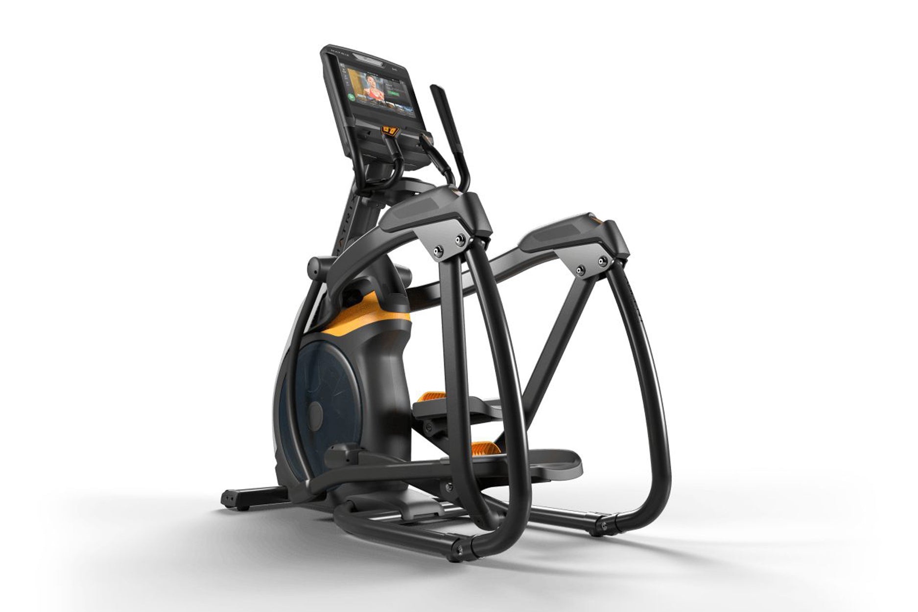 Black and orange elliptical trainer with digital display console, orange foot pedals, and stationary handlebars on white back