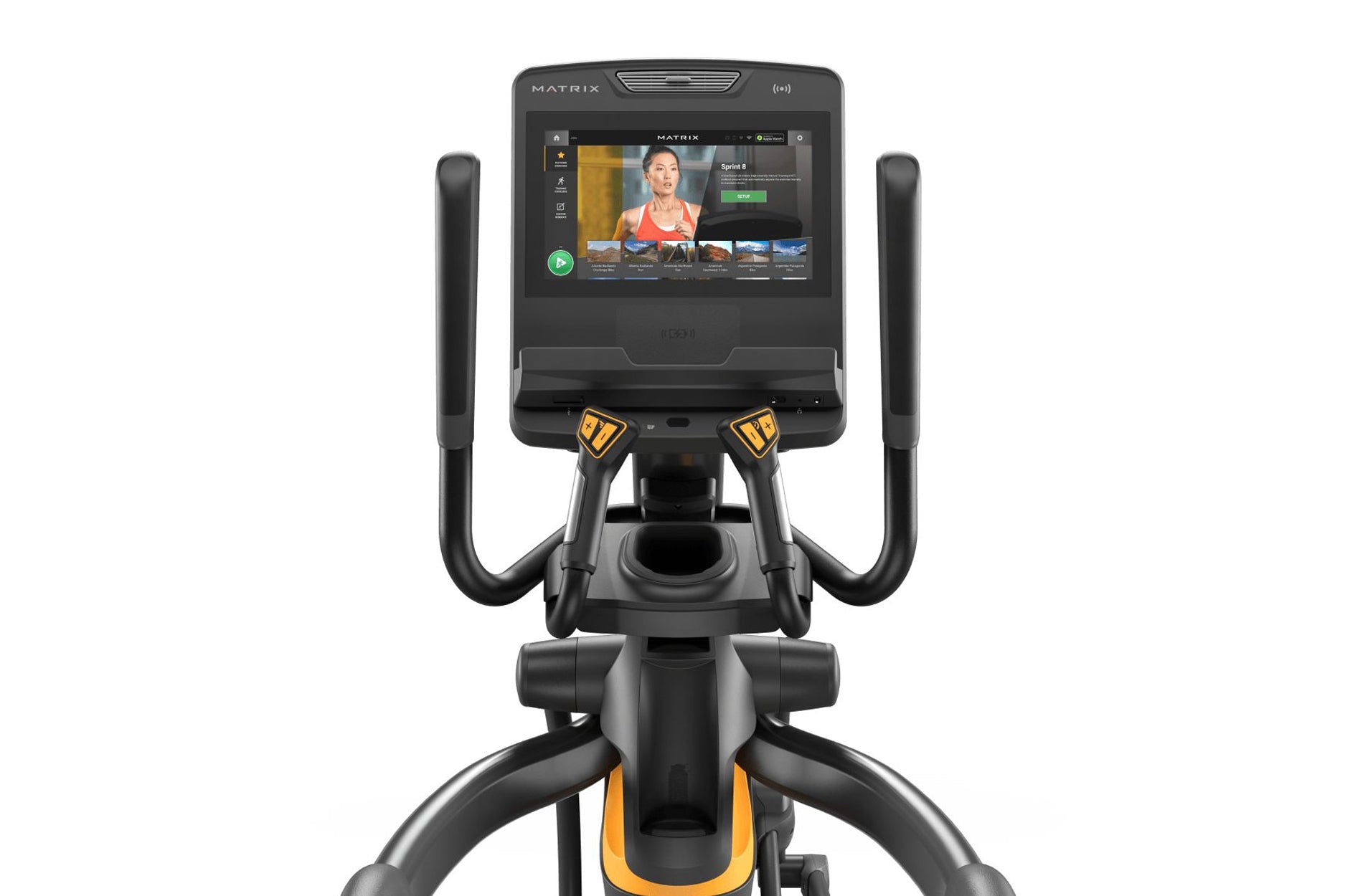 Matrix Performance Lower Body Ascent Elliptical Trainer with black frame, curved handlebars, yellow accents, and touchscreen 