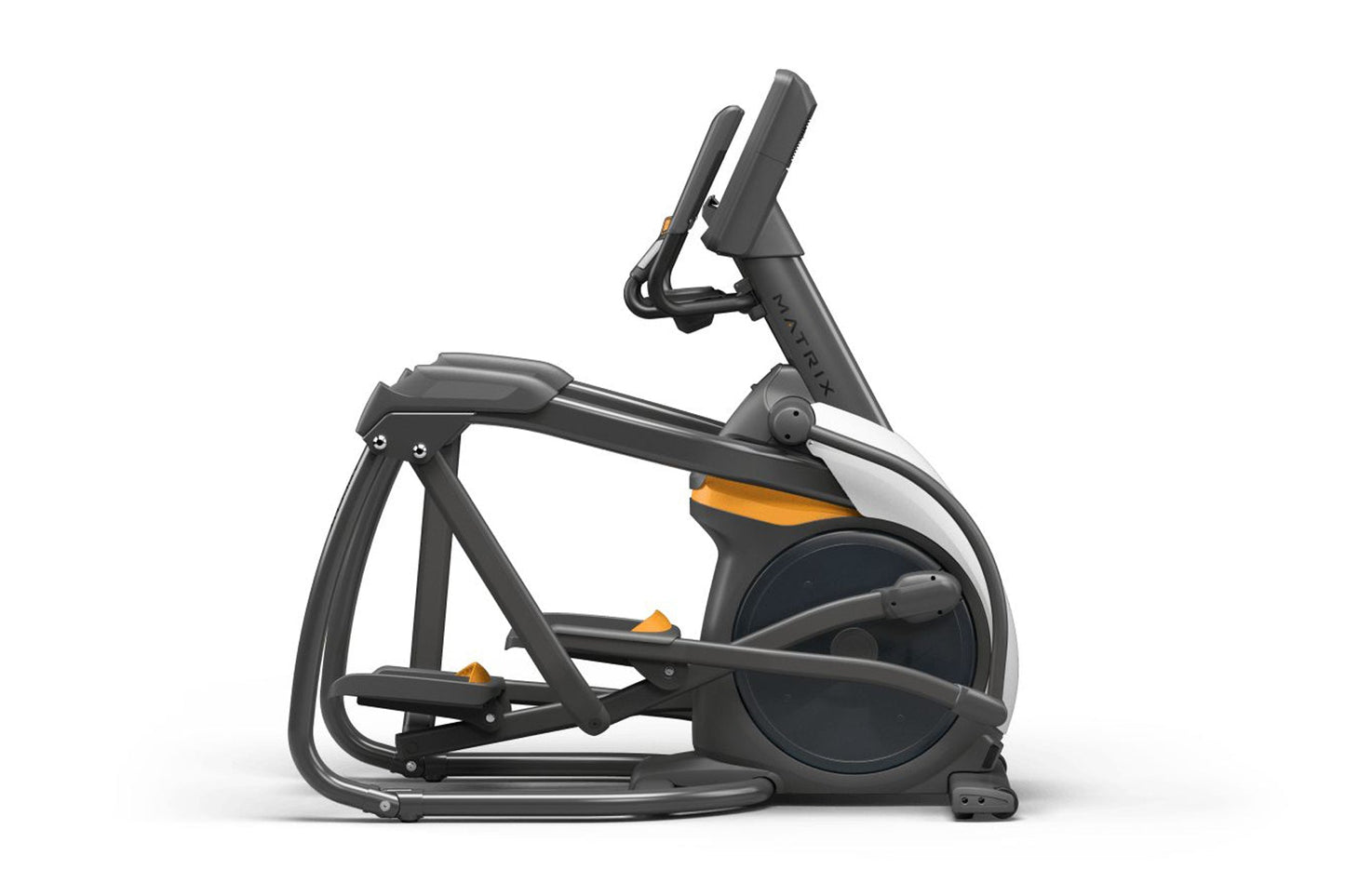 Black and gray elliptical trainer with orange accents, digital display console, and foot pedals on white background