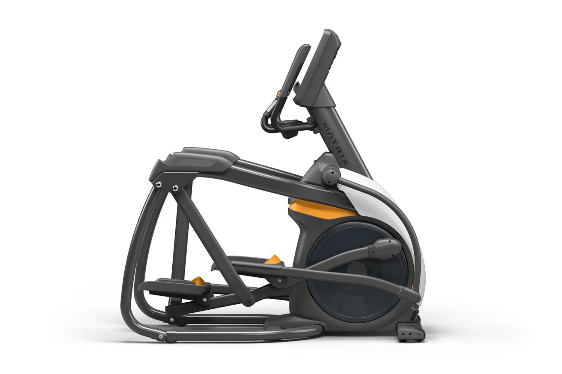 Black and gray elliptical trainer with orange accents, digital display console, and foot pedals on white background