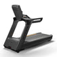Matrix Performance Plus treadmill with black frame, digital display console, gray running belt with gold accent, and handleba