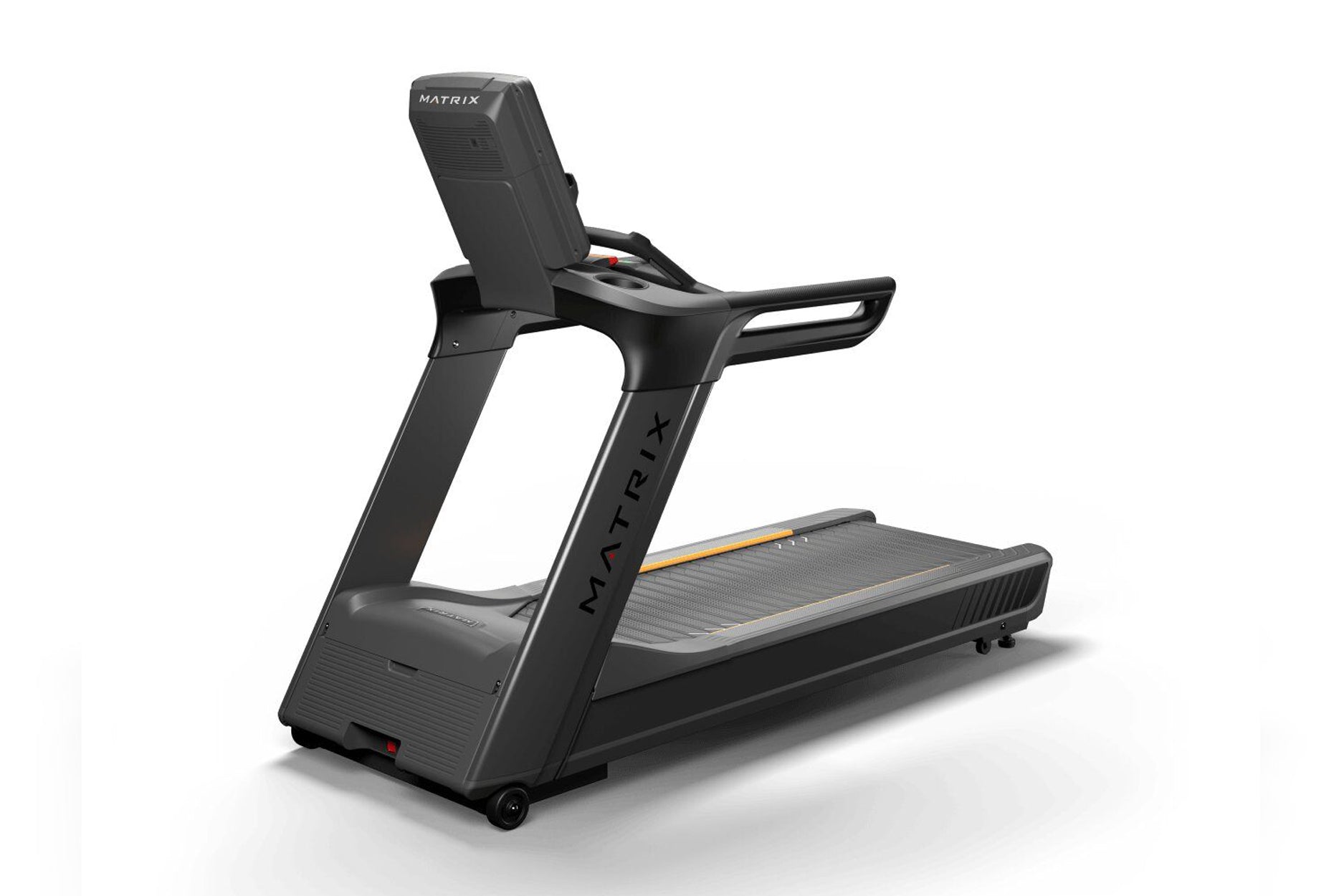 Matrix Performance Plus treadmill with black frame, digital display console, gray running belt with gold accent, and handleba