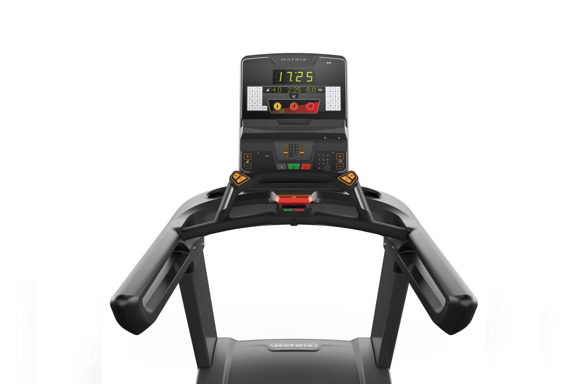 Matrix Performance Plus Treadmill with digital display showing time and metrics, black frame with gray handles, on white back