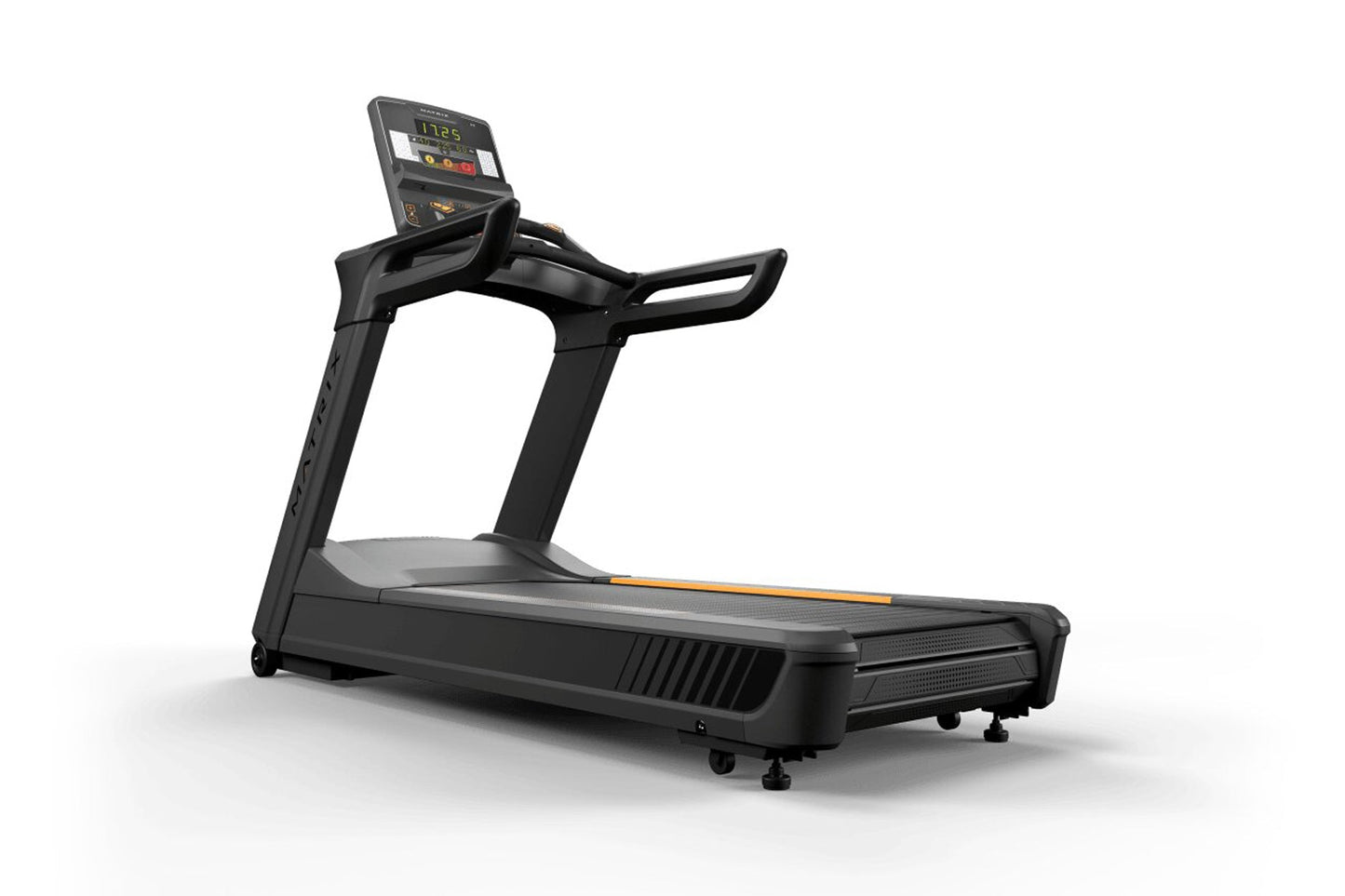 Black Matrix Performance Plus treadmill with digital display console, hand grips, and gray running deck on white background