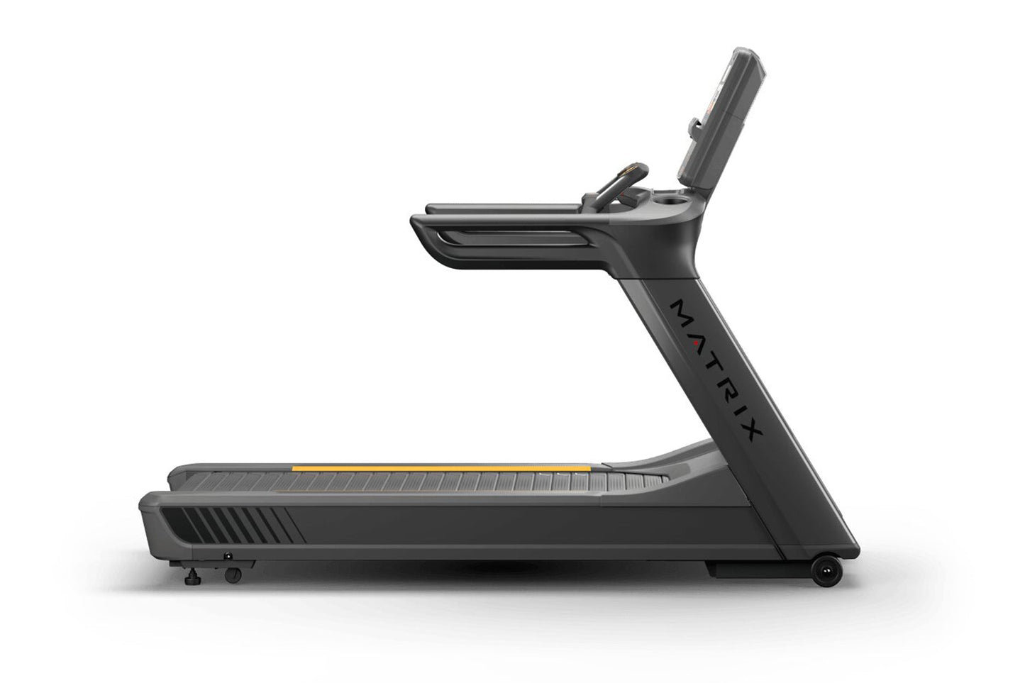 Black Matrix treadmill with digital console, adjustable incline, and yellow accent stripe on running belt against white backg