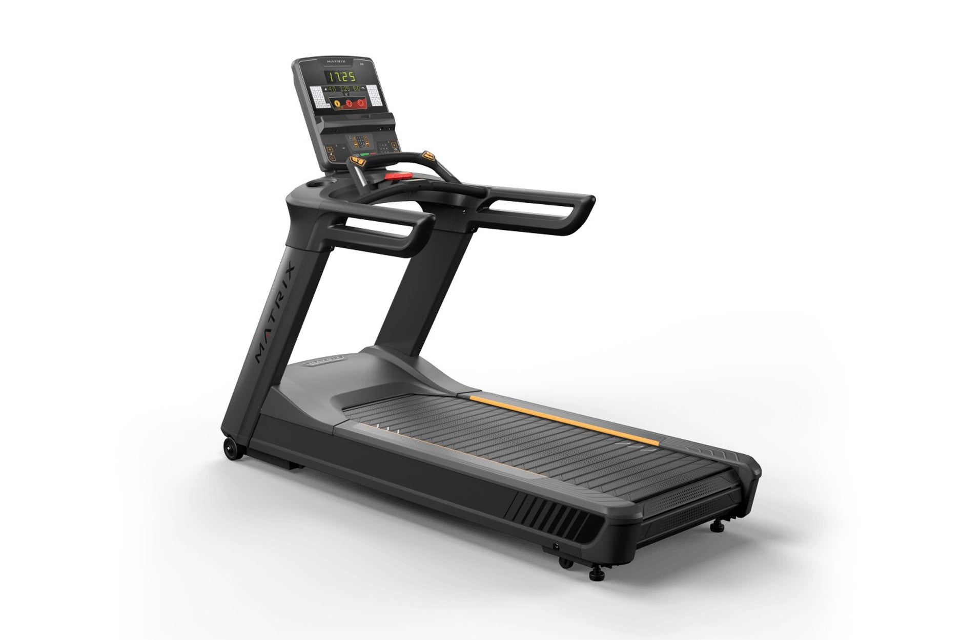 Black and gray motorized treadmill with digital console display, handrails, and gold accents on white background