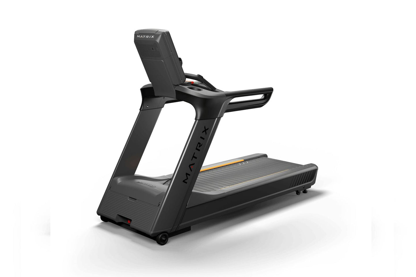 Matrix Performance Plus treadmill with black frame, gray running deck, digital display console, and handrails on white backgr