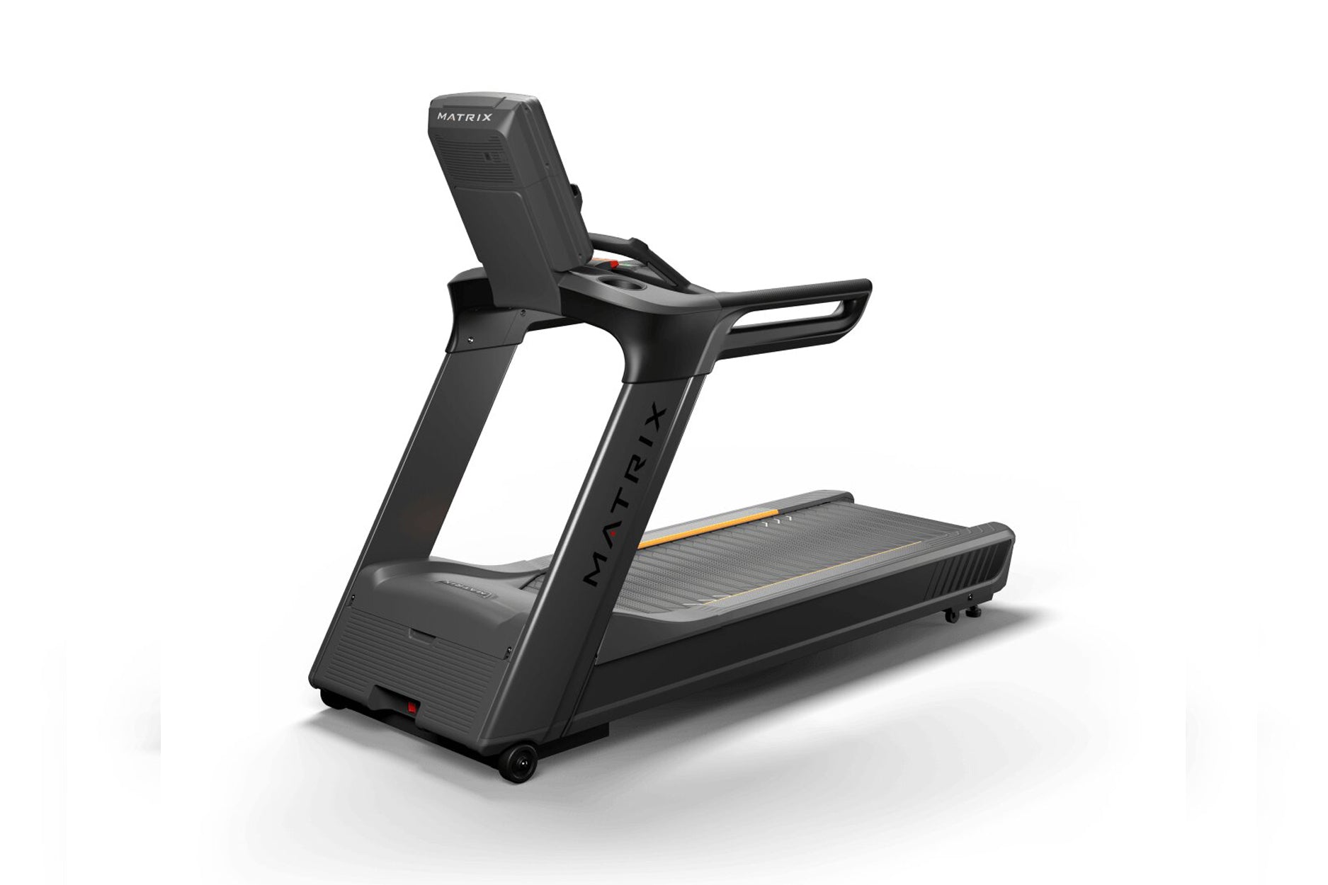 Matrix Performance Plus treadmill with black frame, gray running deck, digital display console, and handrails on white backgr