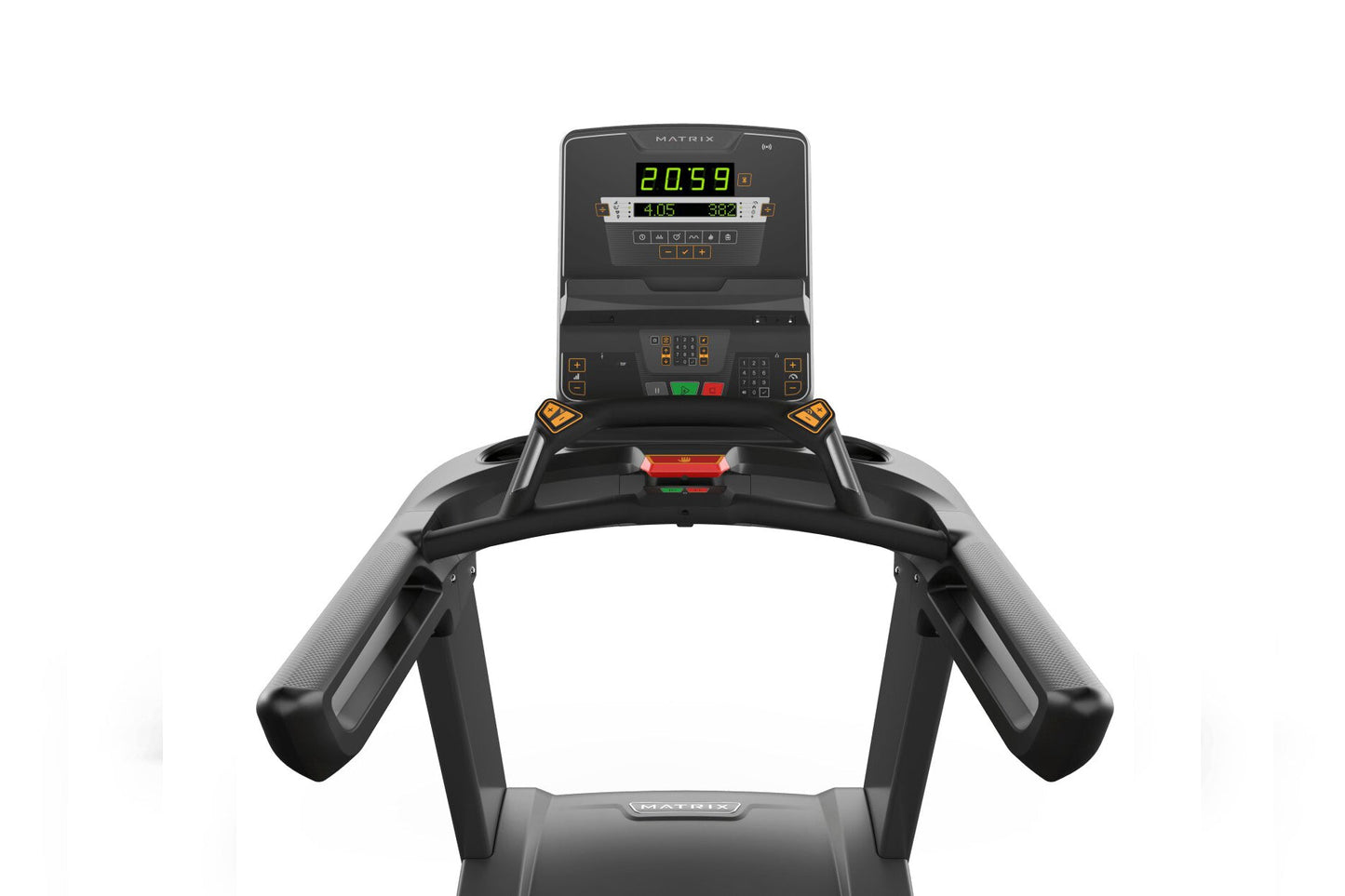 Matrix Performance Plus treadmill with black and gray frame, digital console displaying time and metrics, padded handrails, a