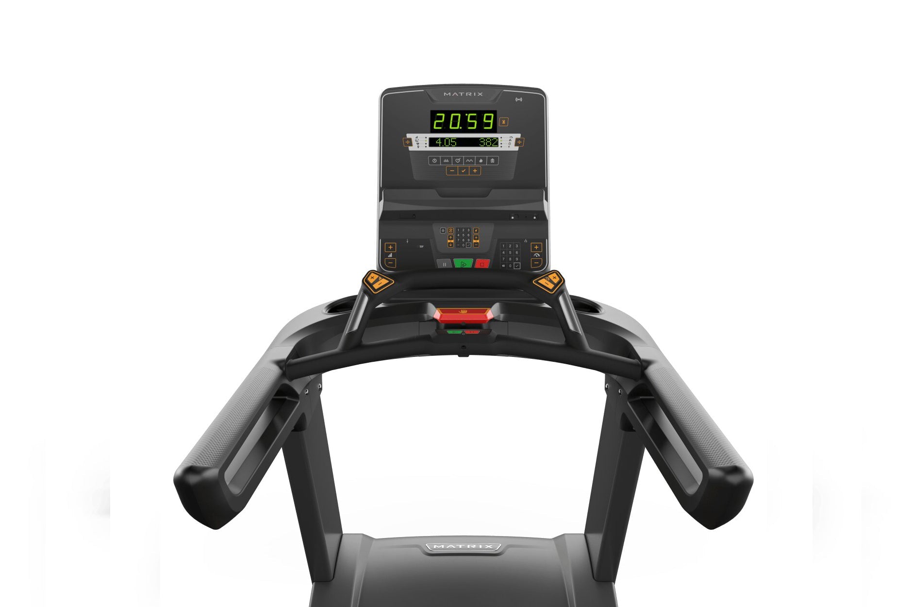 Matrix Performance Plus treadmill with black and gray frame, digital console displaying time and metrics, padded handrails, a