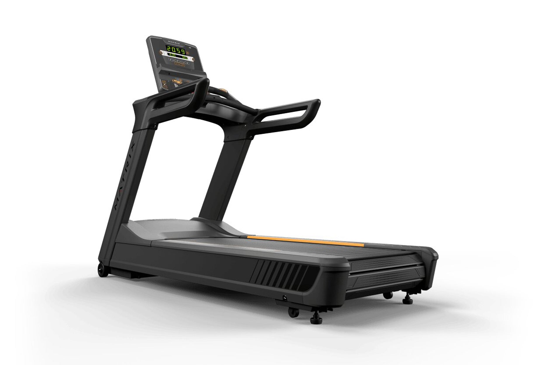 Black motorized treadmill with digital display console, dual handles, gray running deck with orange accent stripe, and wheels