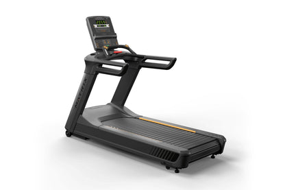 Black commercial treadmill with gray running belt, orange accents, digital display console showing 2059, and dual handrails o