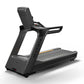 Matrix Performance Plus black commercial treadmill with digital display and gold accent trim on white background