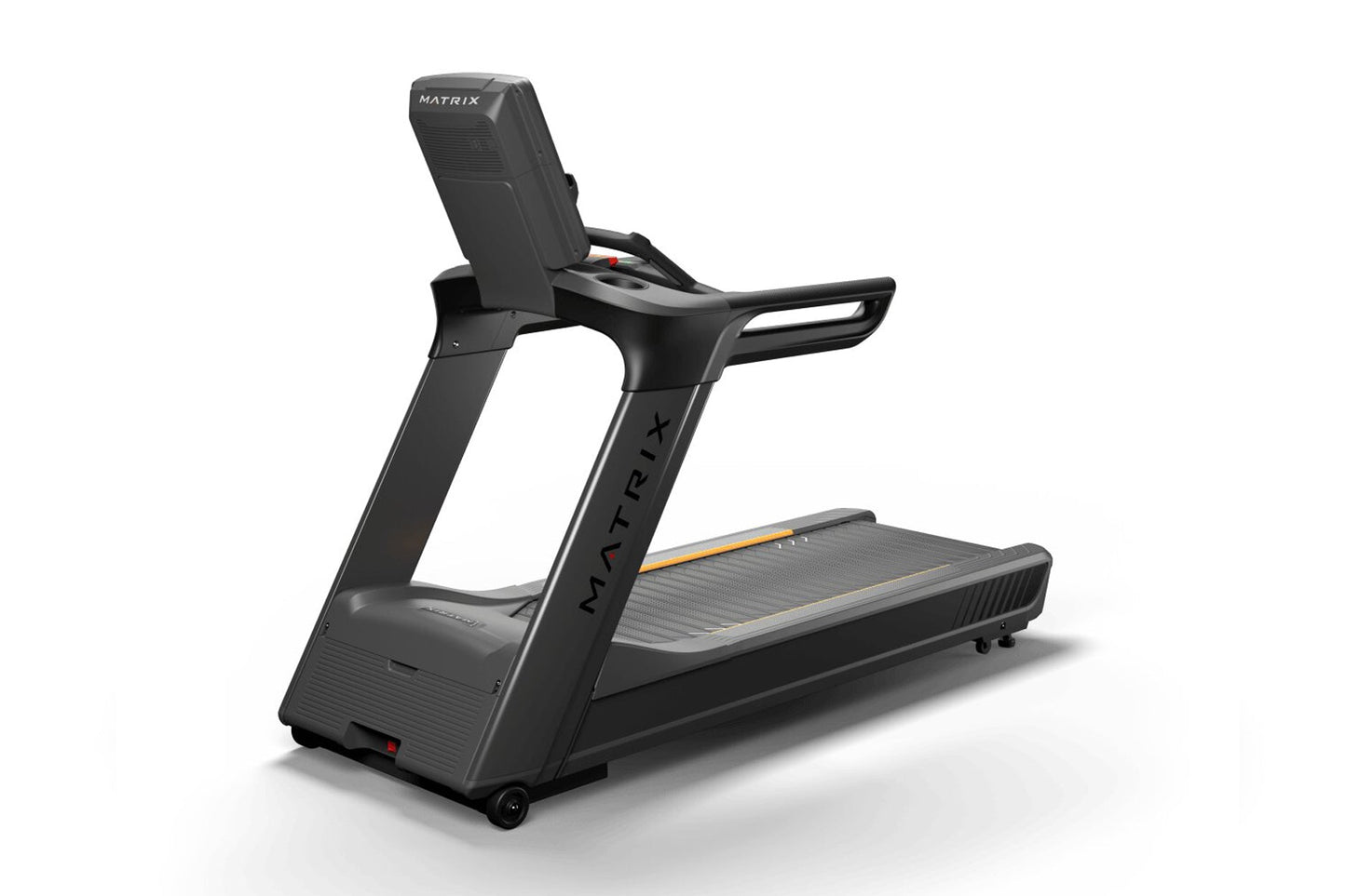 Matrix Performance Plus black commercial treadmill with digital display and gold accent trim on white background