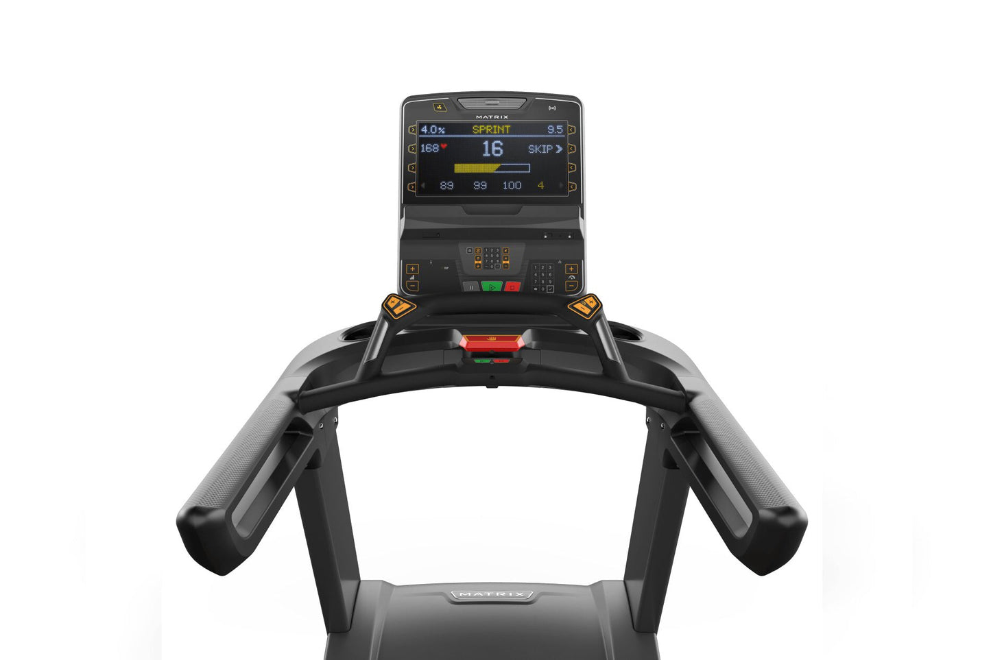 Matrix Performance Plus Treadmill with digital console displaying sprint workout metrics, black frame with gray accents, on w