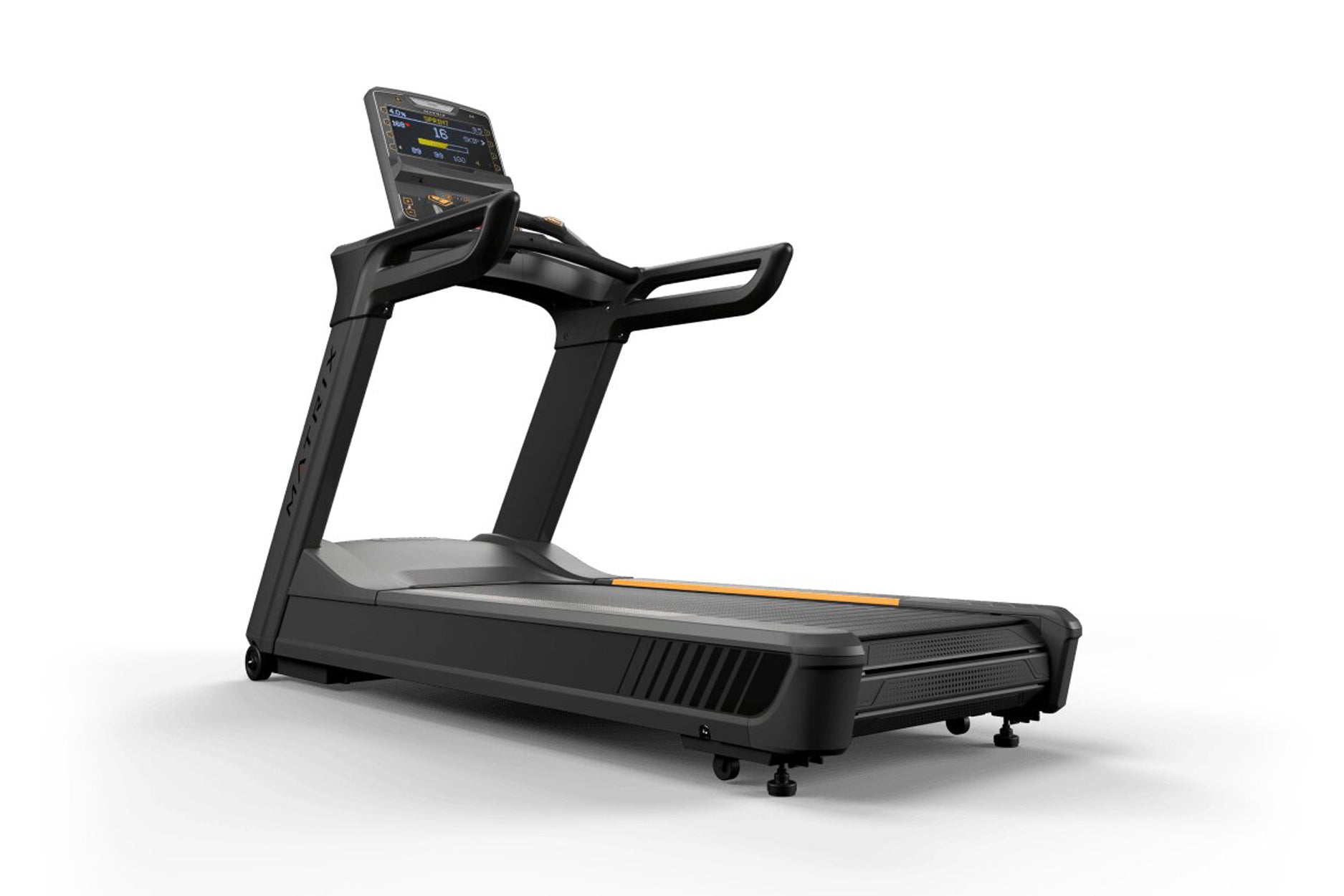 Black and gray commercial treadmill with digital display console, dual handles, and orange accent stripe on belt