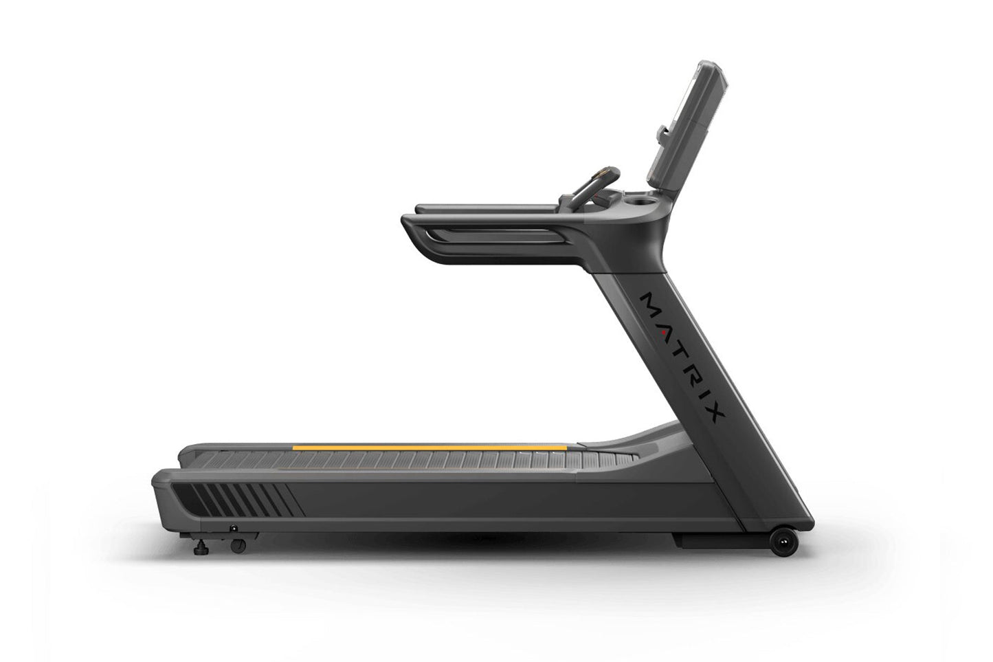 Black Matrix performance treadmill with gray accents, digital console, and yellow stripe on running deck, shown from the side