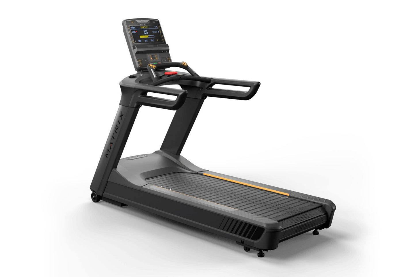 Black and gray commercial treadmill with digital display console, dual handrails, and orange accent stripe on running deck