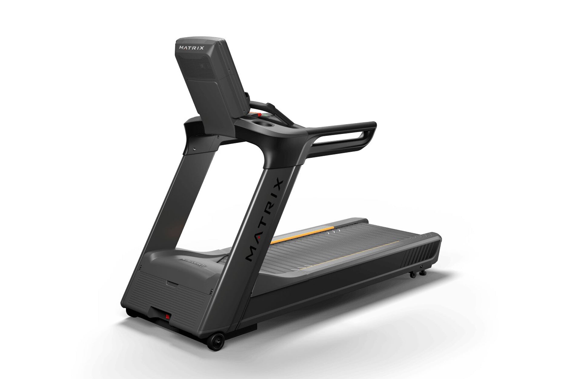 Black Matrix Performance Plus treadmill with padded backrest, handrails, and textured running belt on white background