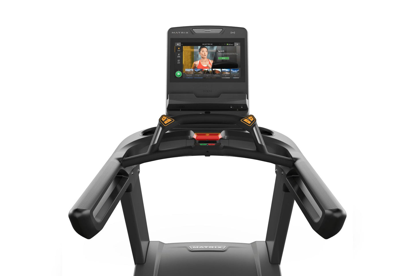 Matrix Performance Plus treadmill with black frame, integrated touchscreen display showing fitness interface, and yellow acce