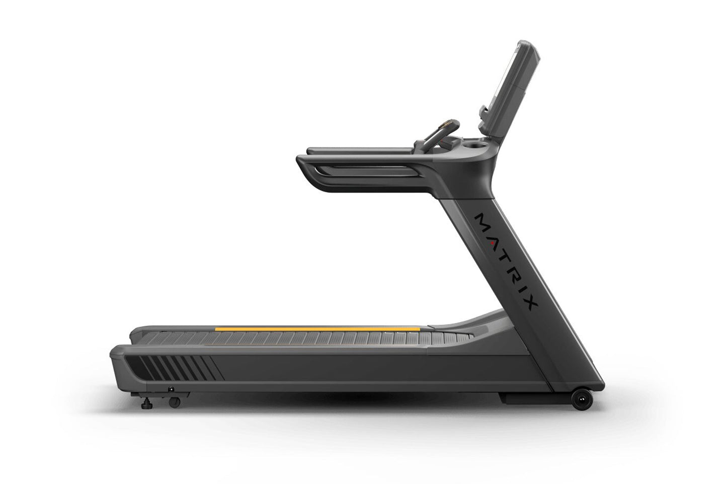 Dark gray commercial treadmill with yellow accent stripe, digital console, and adjustable handrails on white background