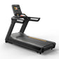 Black and gray commercial treadmill with integrated touchscreen display, handrails, and gold accent trim on white background