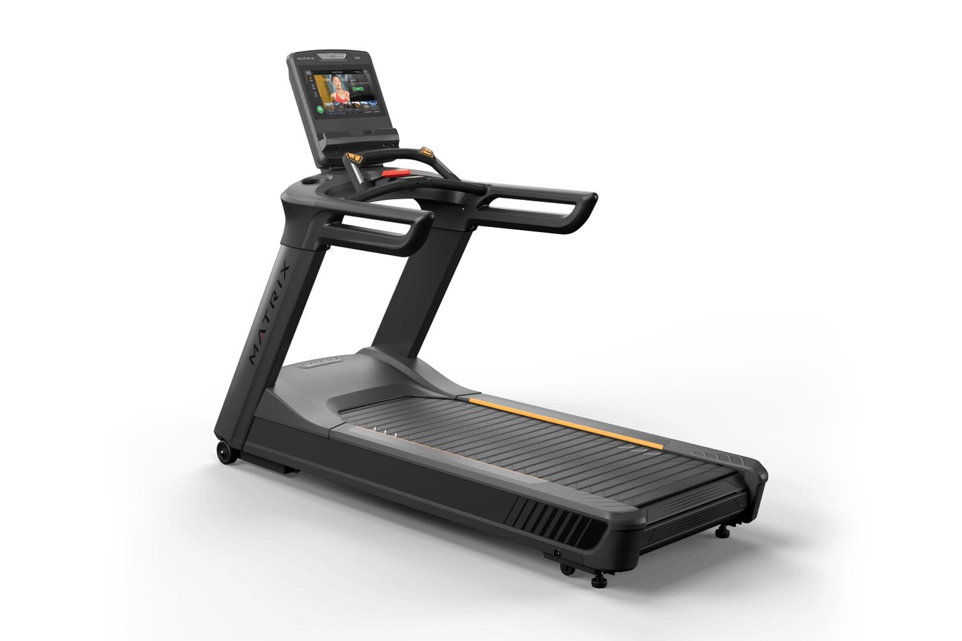Black and gray commercial treadmill with integrated touchscreen display, handrails, and gold accent trim on white background