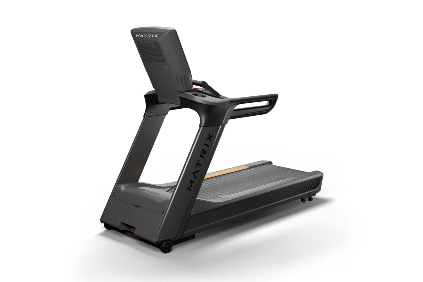 Matrix Performance Plus treadmill with black frame, gray running deck with orange accent stripe, and cushioned backrest on wh