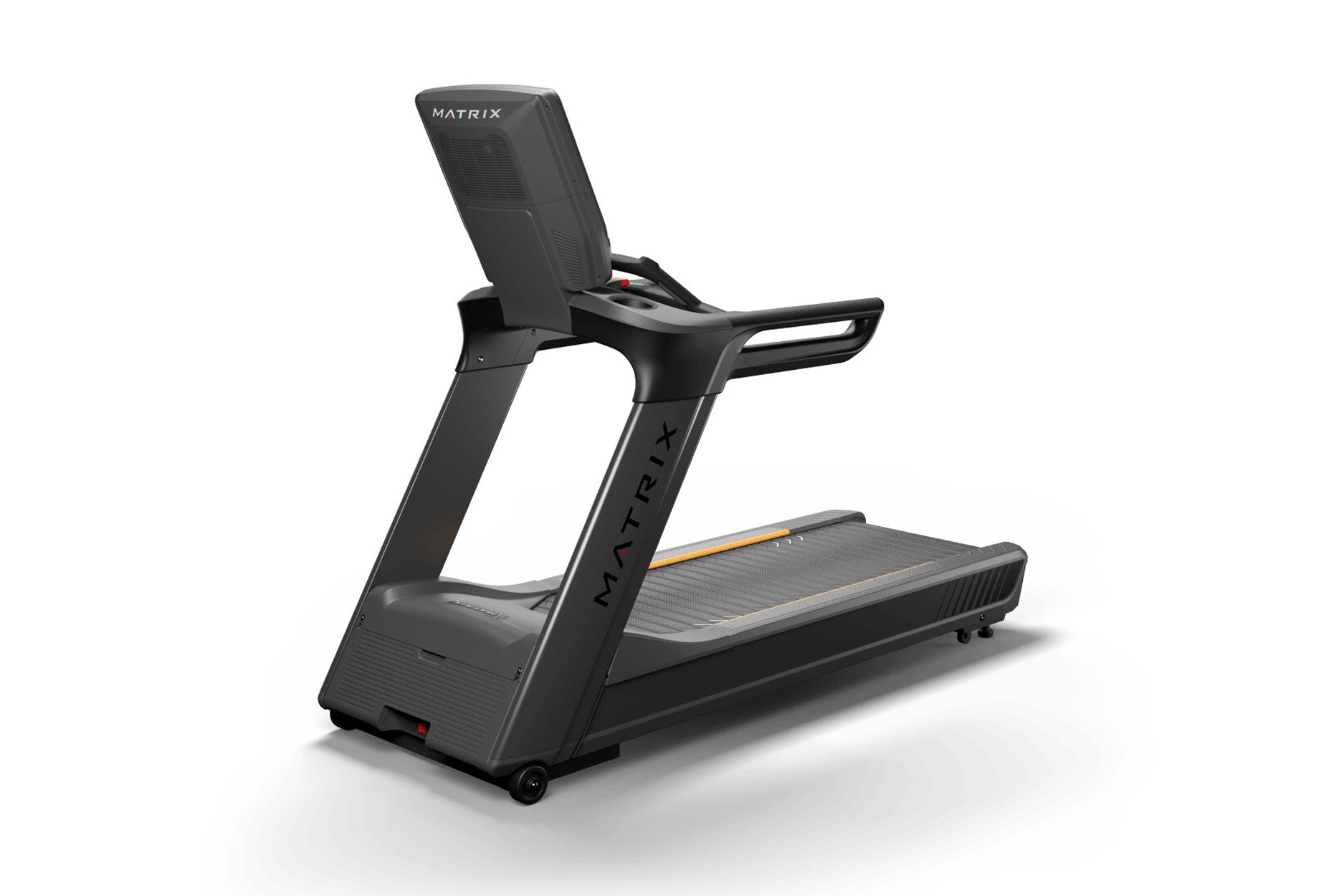 Matrix Performance Plus treadmill with black frame, gray running deck with orange accent stripe, and cushioned backrest on wh
