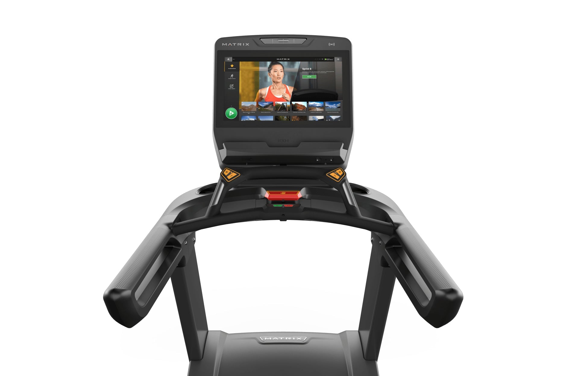 Matrix Performance Plus treadmill with black frame, dual handlebar grips, and touchscreen console displaying fitness content 