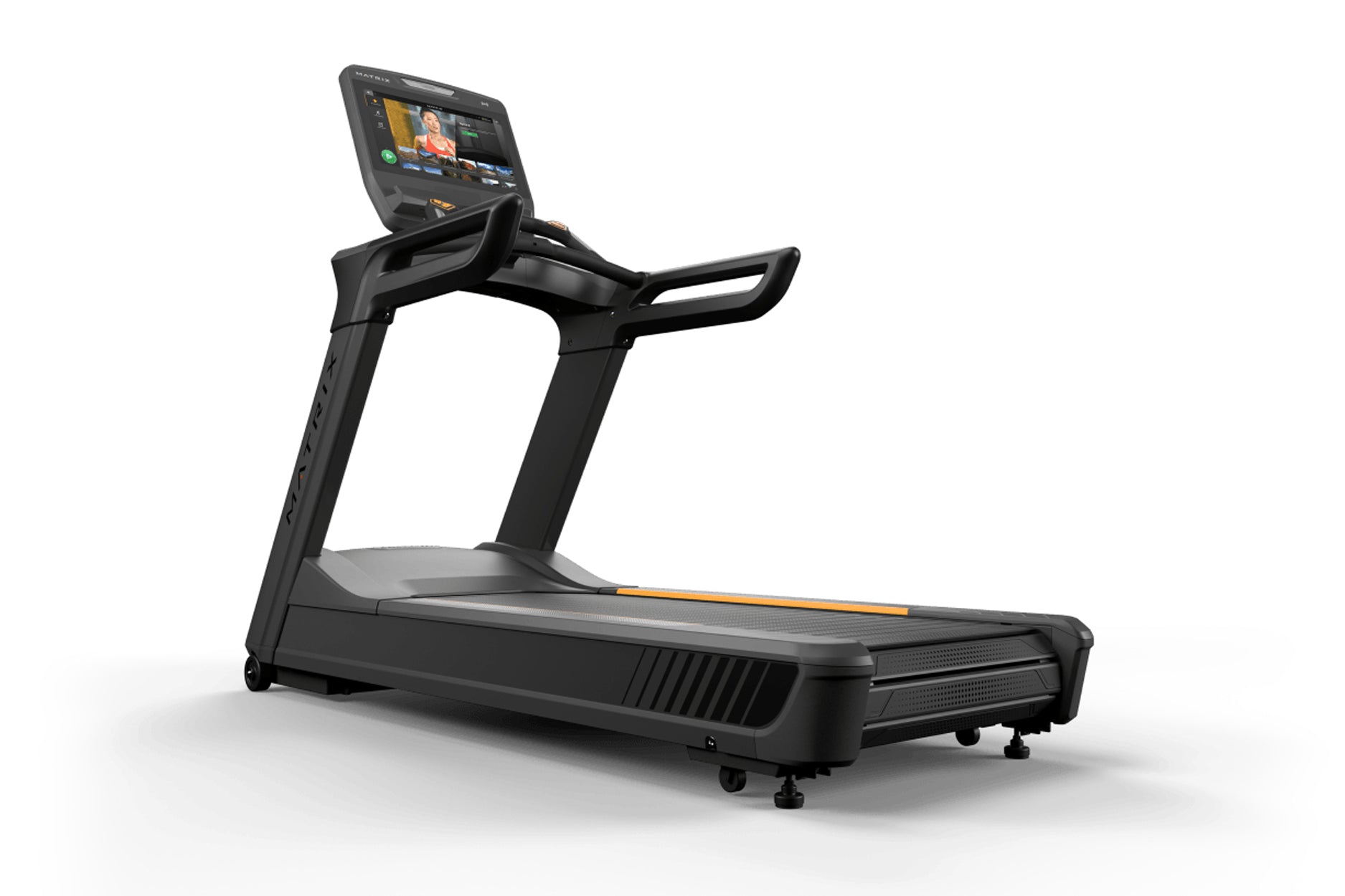 Black commercial treadmill with digital touchscreen display, gray running deck with orange accent stripe, and black handles o