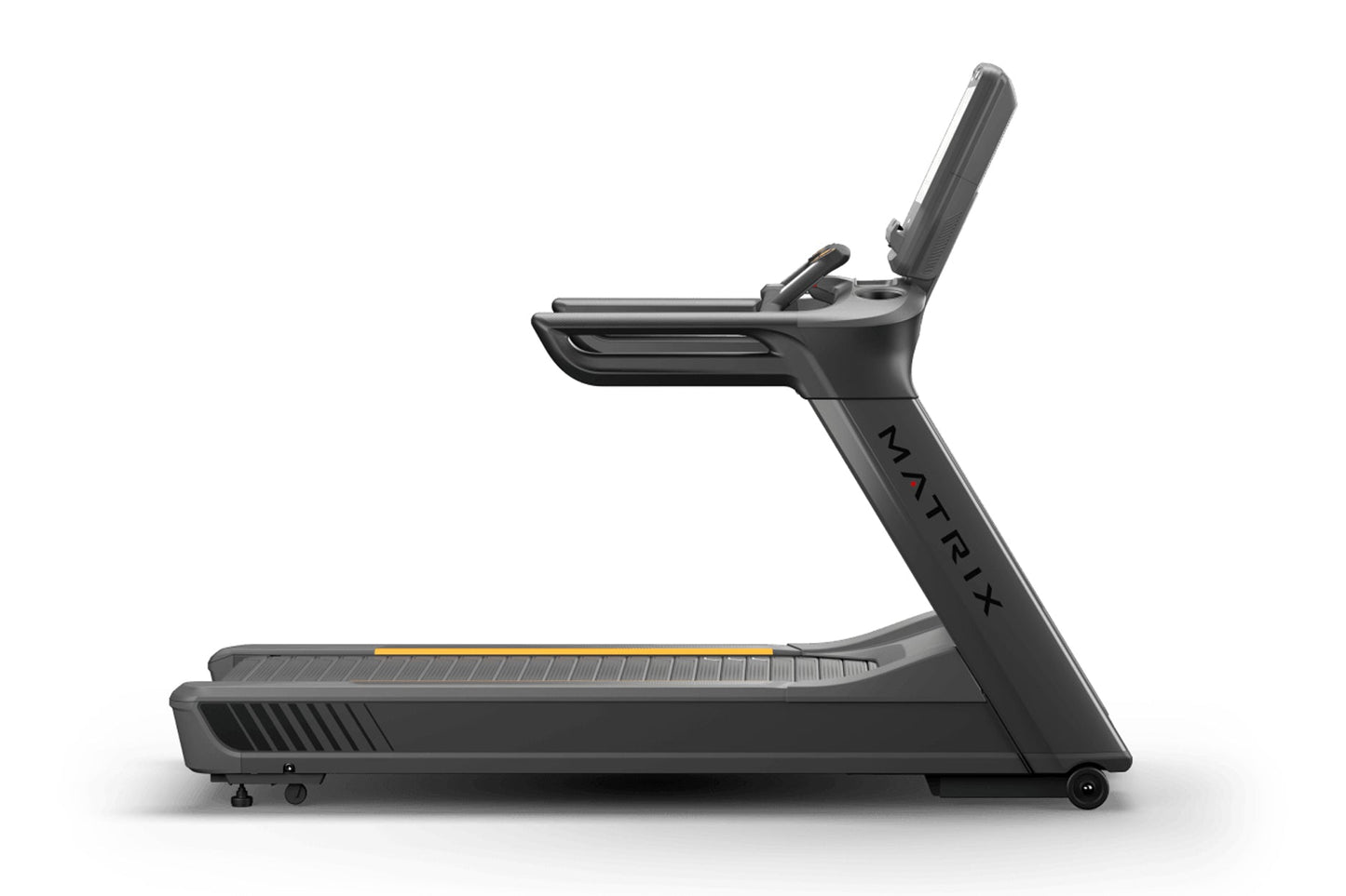 Matrix Performance Plus treadmill with black frame, digital console, and yellow accent stripe on running deck, side view on w