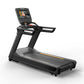 Black and gray motorized treadmill with touchscreen display console, black handles, and gold accents, on white background