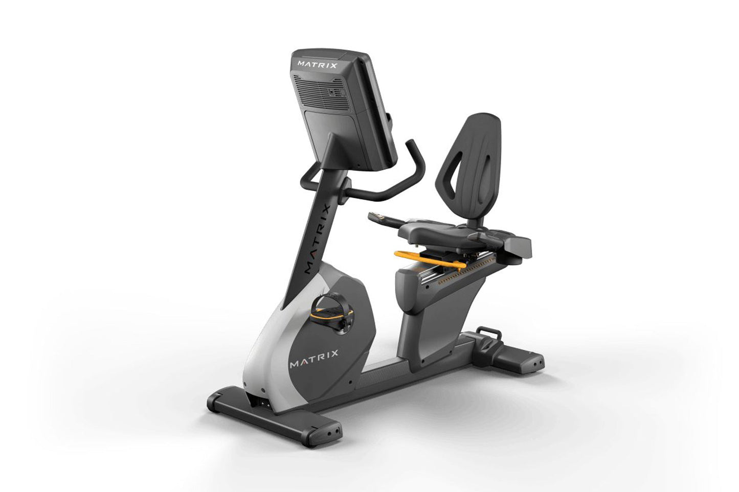 Matrix Performance Recumbent Cycle with black and gray frame, digital console, padded seat, and foot pedals on white backgrou