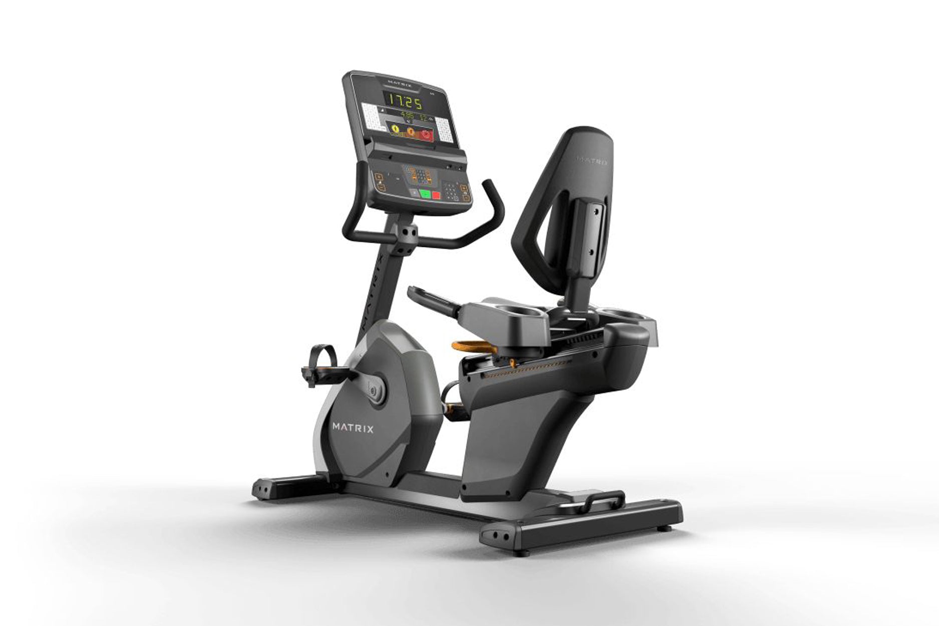 Matrix black recumbent exercise bike with digital console display, backrest, and foot pedals on white background