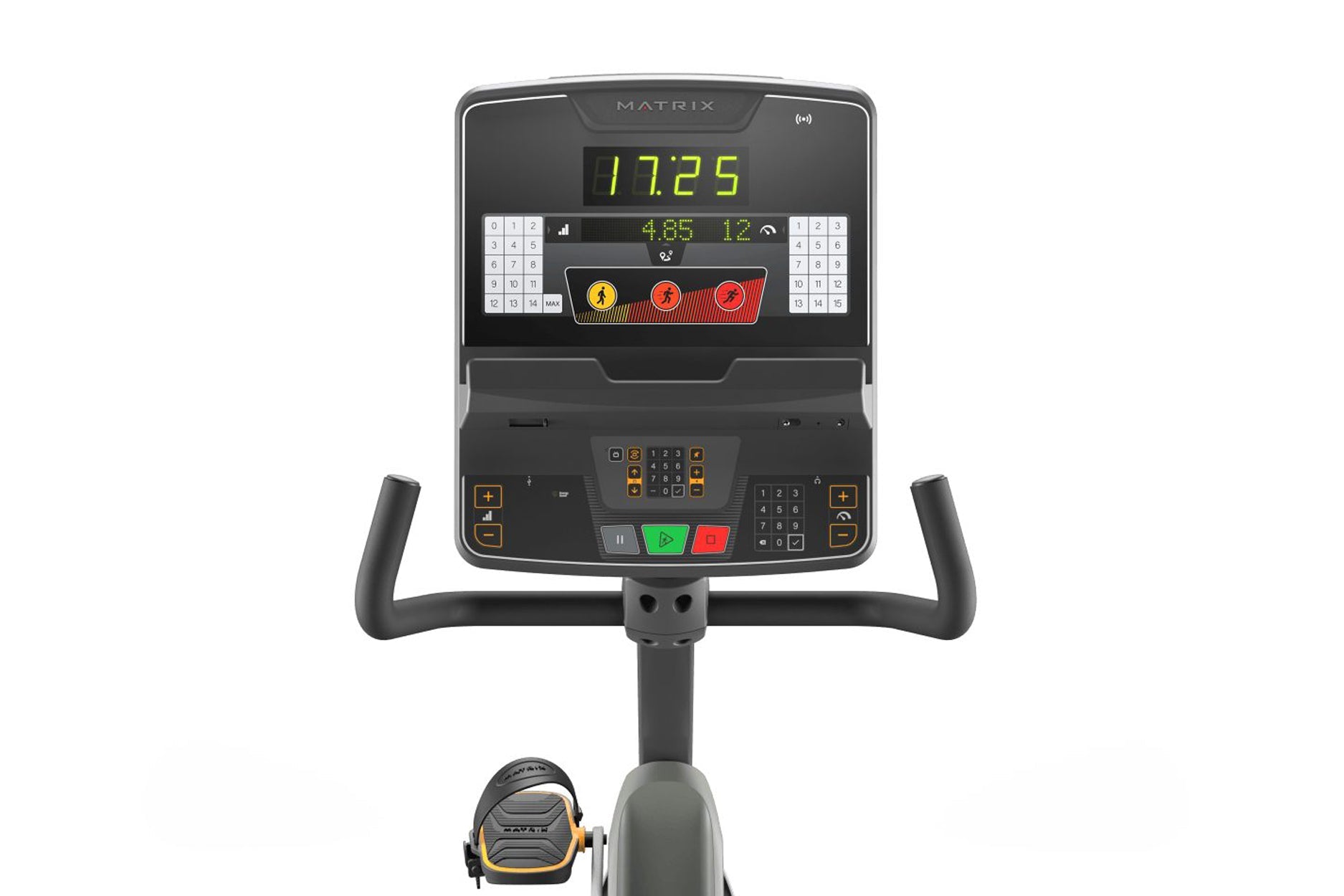 Matrix Performance Recumbent Cycle with digital console displaying time and resistance, black frame with gray accents, viewed