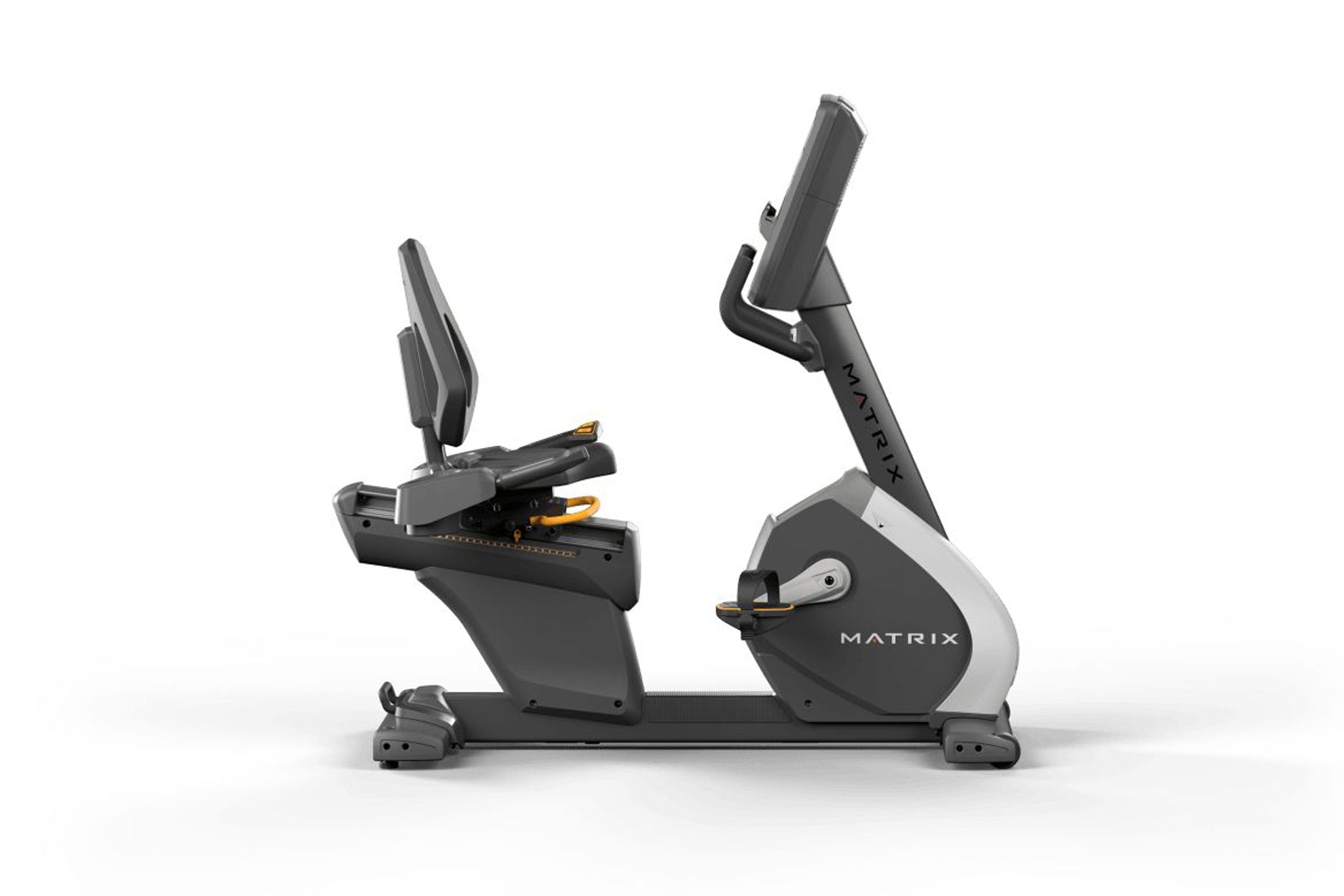 Matrix Performance recumbent exercise bike with gray and black frame, adjustable seat, digital display console, and gold acce
