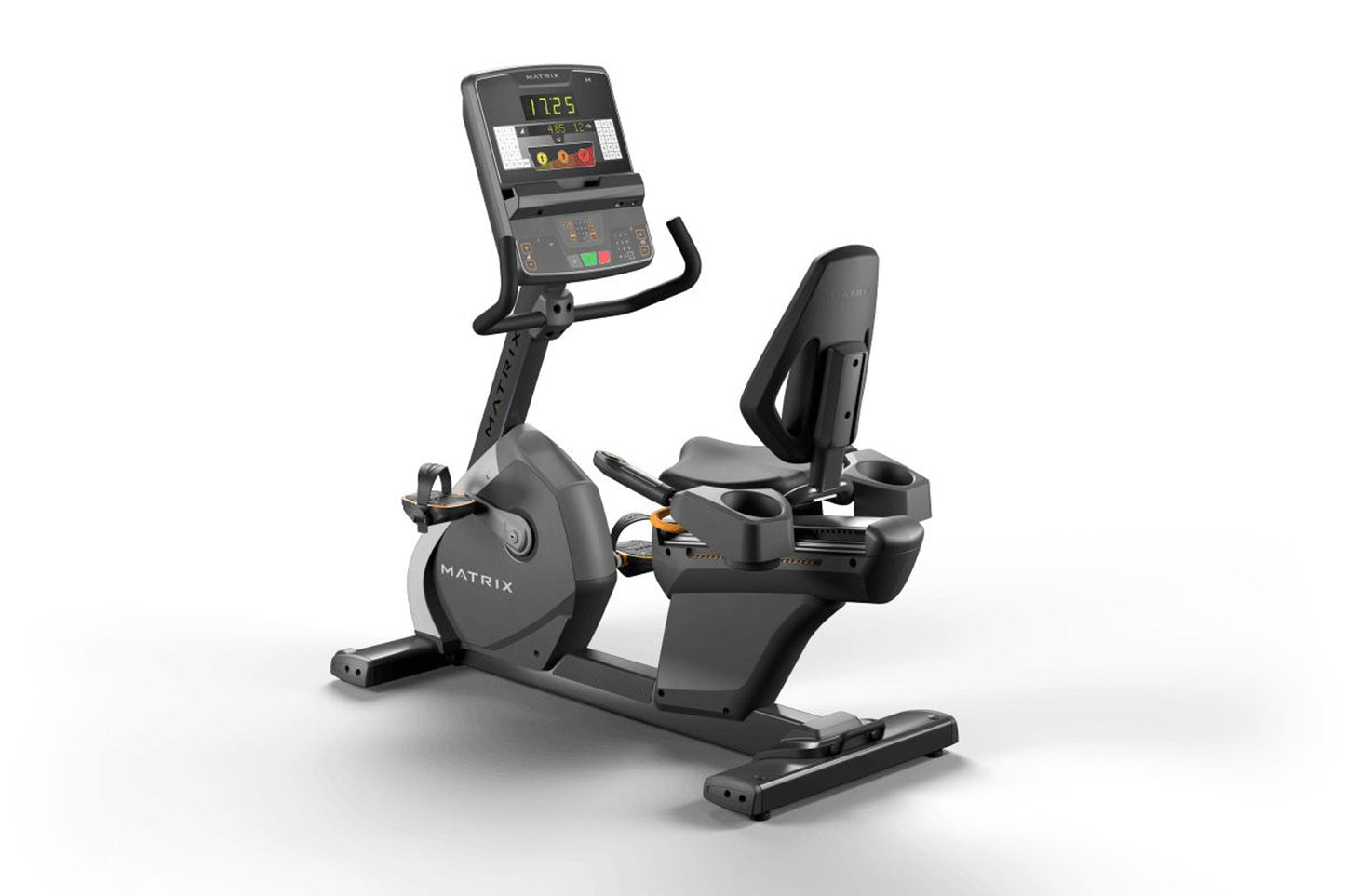 Matrix Performance Recumbent Cycle with black frame, digital console displaying time, and black seat on white background