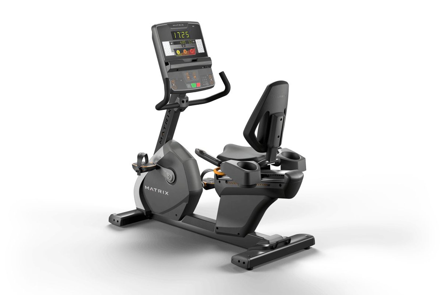 Matrix Performance Recumbent Cycle with black frame, digital console displaying time, and black seat on white background