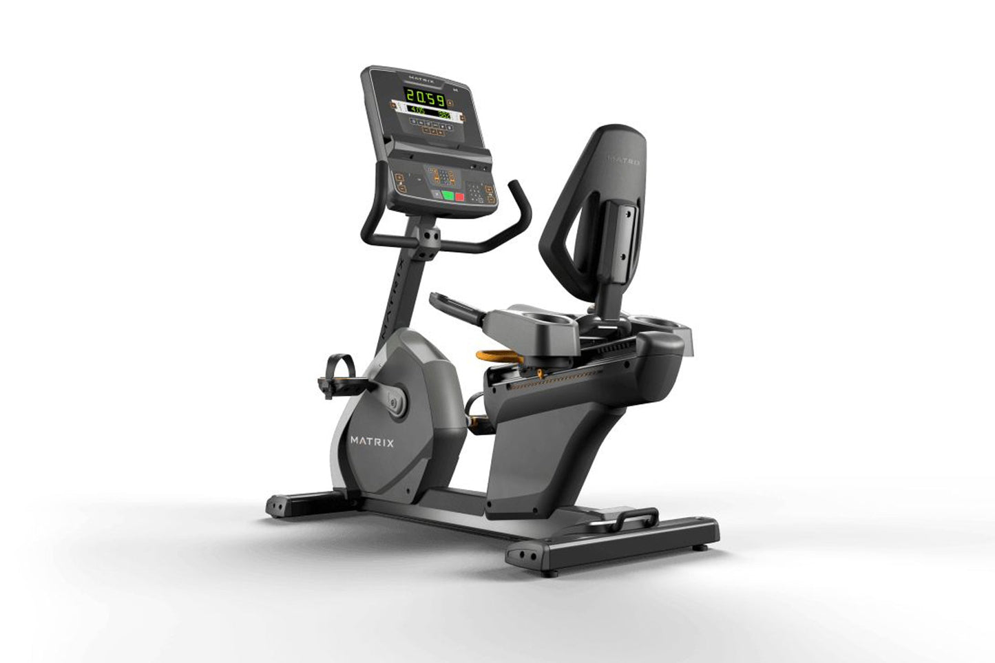 Matrix Performance Recumbent Cycle with black frame, digital display console showing metrics, and ergonomic seat on white bac