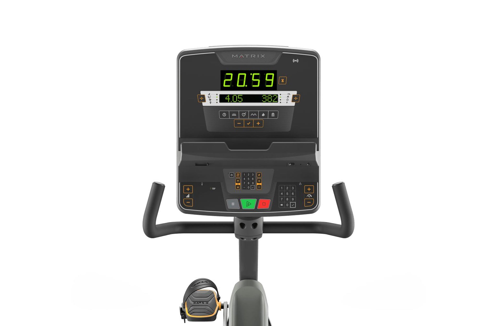 Matrix stationary recumbent exercise bike with black frame, green LED display showing 20.59, digital console with numeric key