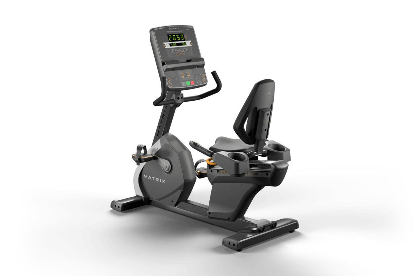 Matrix black recumbent exercise bike with digital console displaying metrics, padded seat, and stationary pedals on white bac