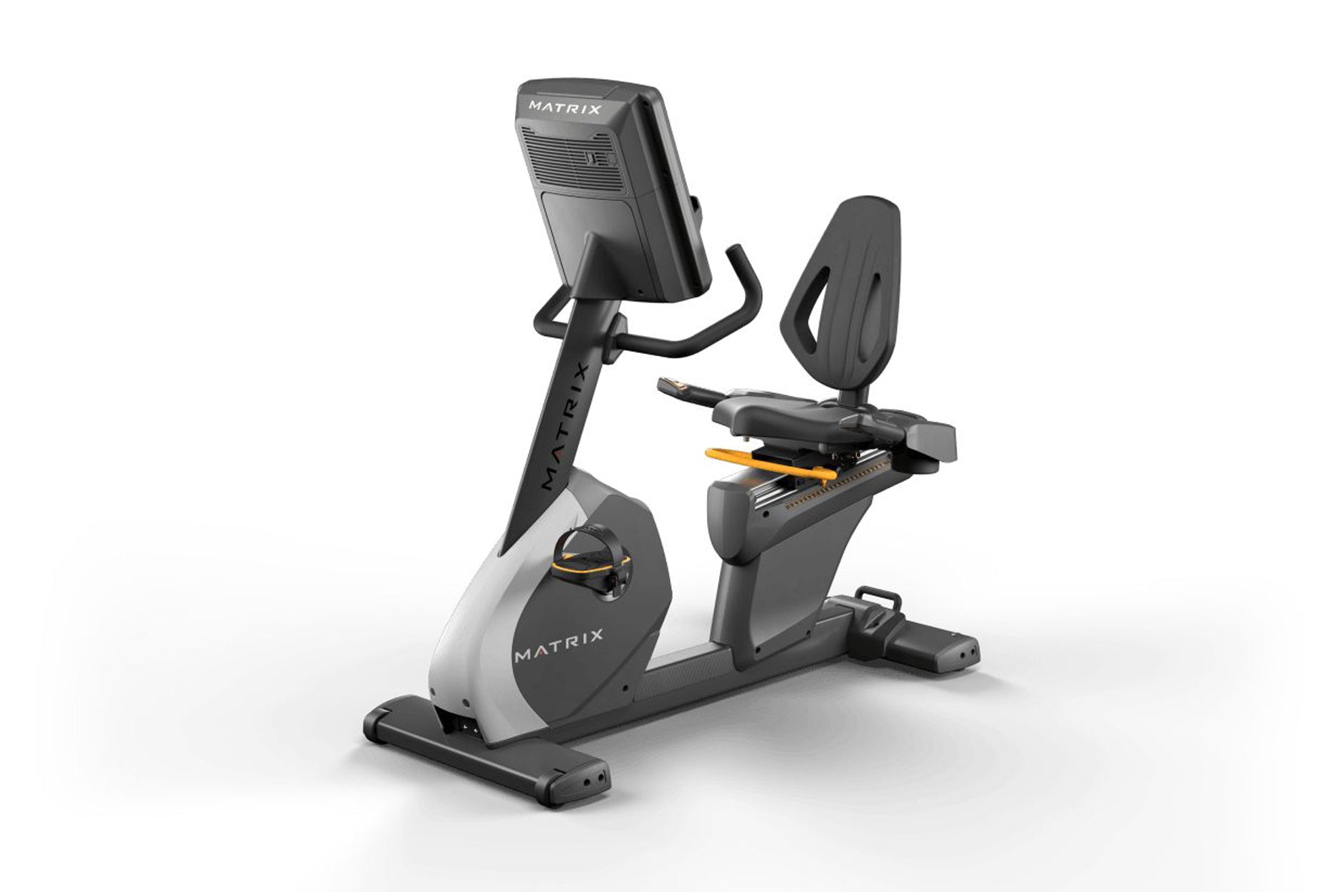Matrix performance recumbent exercise bike with black seat, gray base, digital display console, and yellow accent details on 
