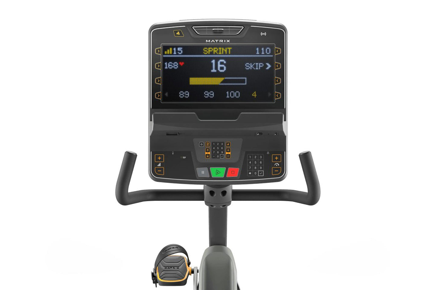 Matrix recumbent exercise bike with digital display showing sprint workout data, black frame with gray seat and black handleb