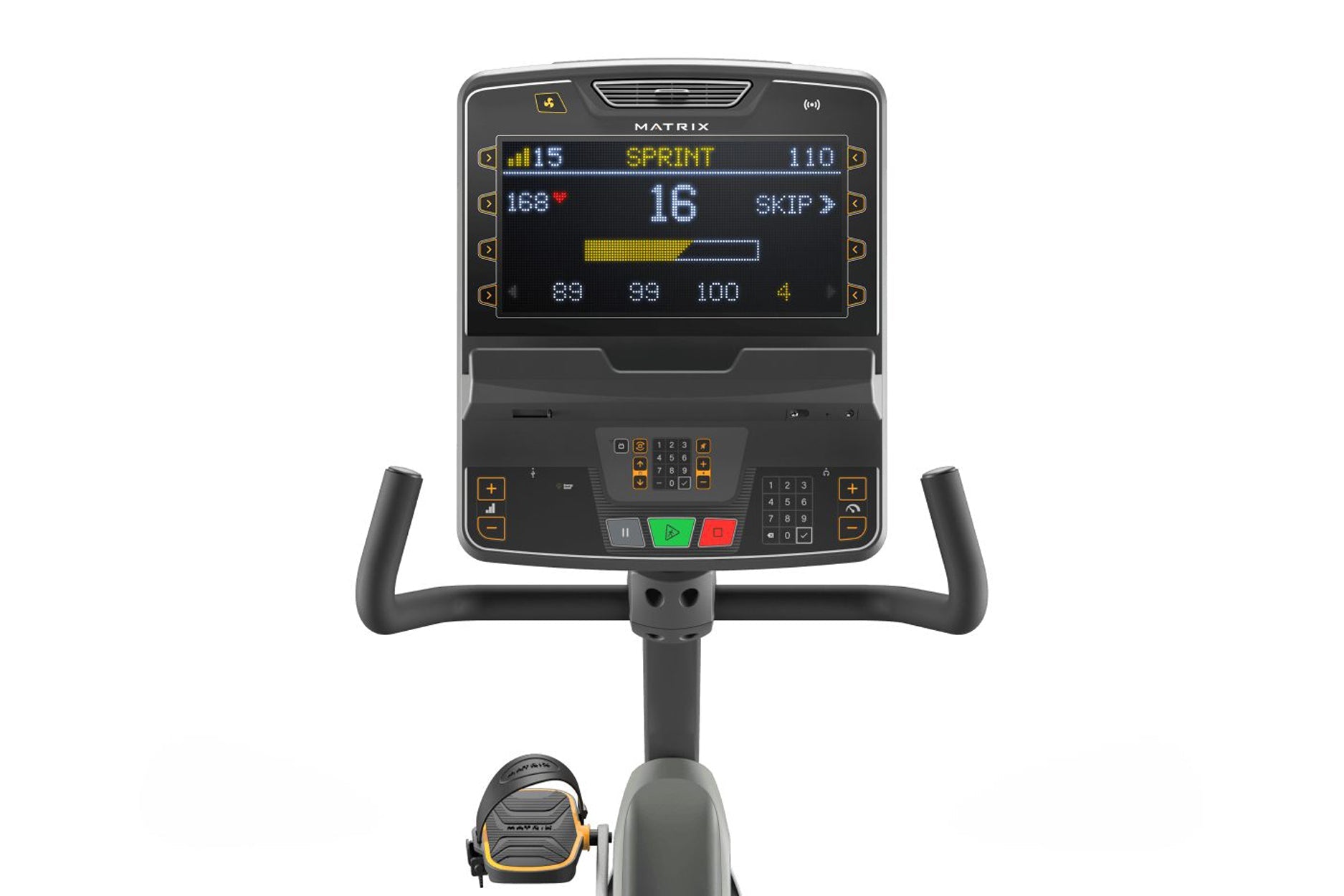 Matrix recumbent exercise bike with digital display showing sprint workout data, black frame with gray seat and black handleb