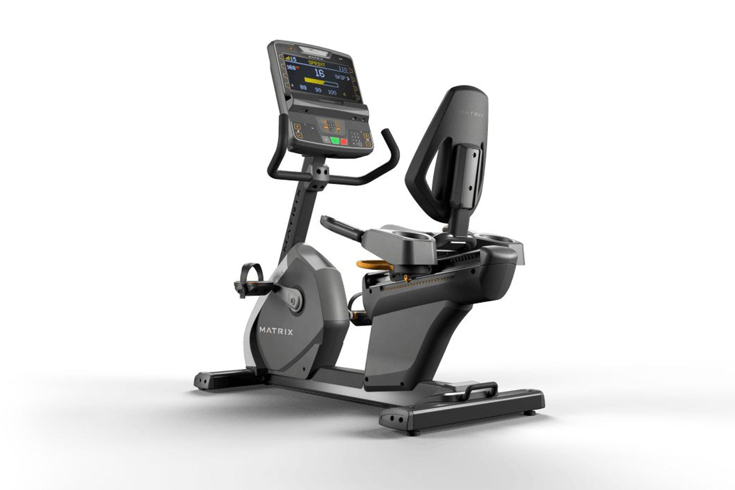 Matrix Performance Recumbent Cycle with digital display console, black frame, padded seat, and foot pedals on white backgroun