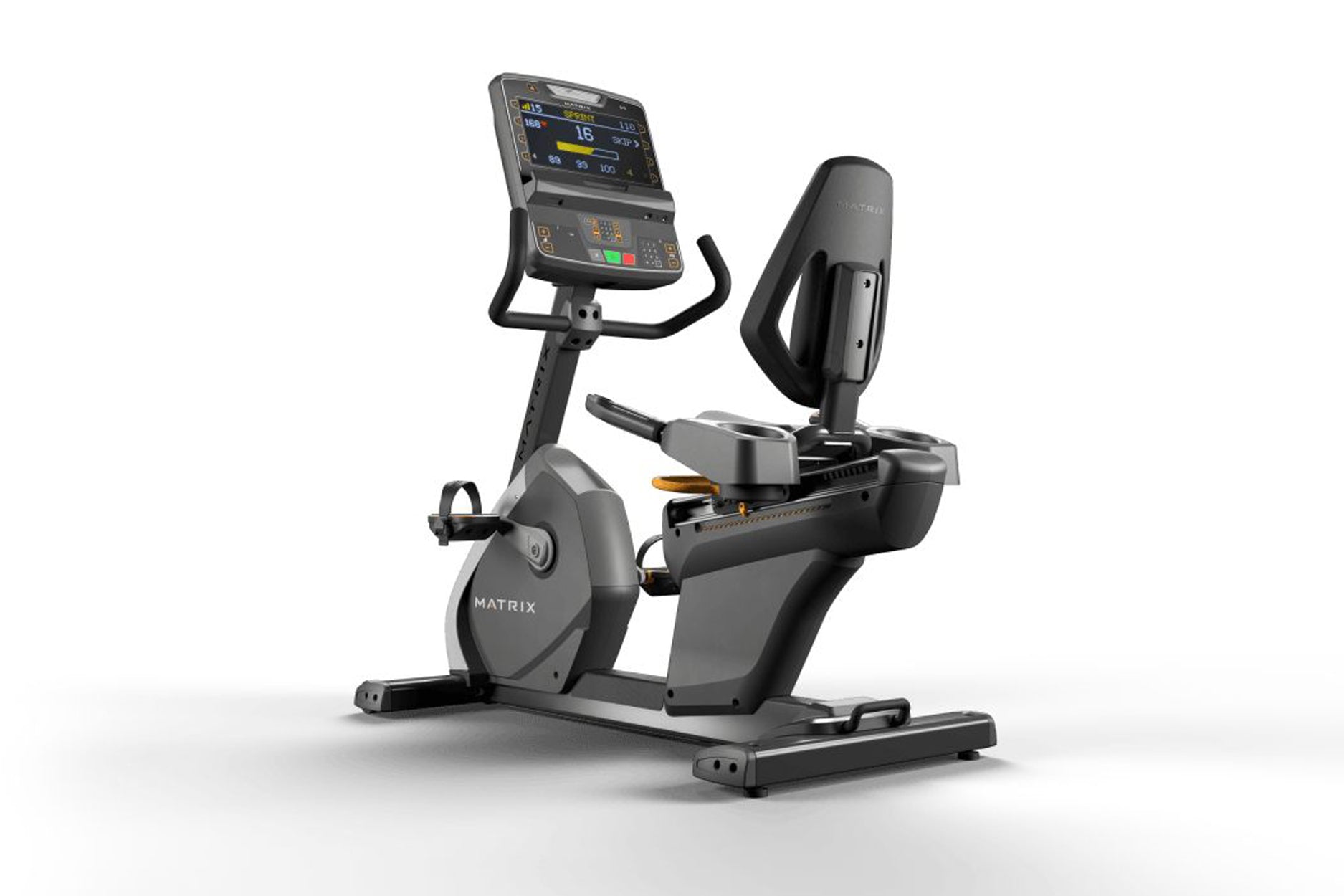 Matrix Performance Recumbent Cycle with digital display console, black frame, padded seat, and foot pedals on white backgroun