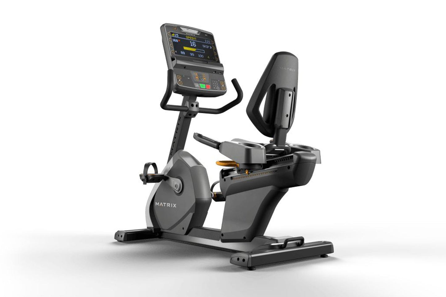 Matrix black recumbent exercise bike with digital touchscreen display, padded seat, and attached backrest on white background